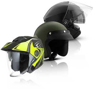 Three jet helmets in neon yellow, matte black, and olive green with visors and some with sun visors.